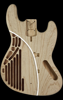 Swamp Ash Chambered J Bass body showing chambers
