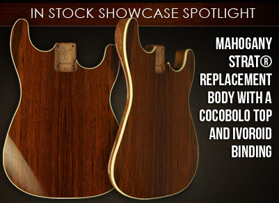 Mahogany Strat replacement body with a Cocobolo top and Ivoroid binding