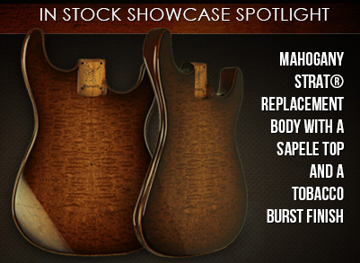 Mahogany Strat replacement body with a Sapele top and a Tobacco Burst finish